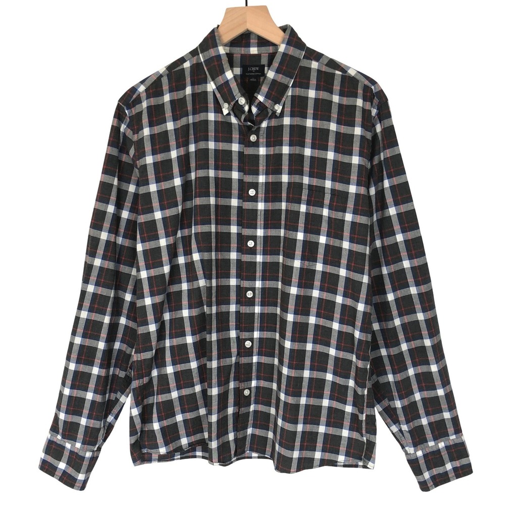 J. CREW Heathered Cotton Button Down Shirt Men's Sz L Gray‎ Plaid L/S Casual
